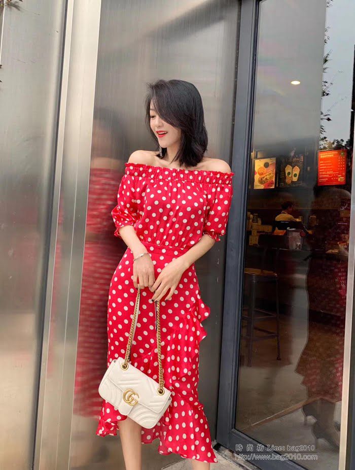 Chanel香奈兒 法國專櫃同步新款 2019爆款 露肩 紅色波點 魚尾不規則擺 連衣裙  xly1204